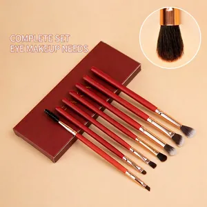 7pcs eye makeup brush set with red matte handles and rose gold tubes in matching case