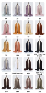 Collage of 20 colors of lightweight chiffon hijabs displayed on mannequins