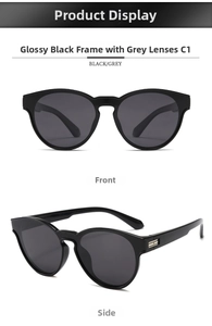 Front and side views of lightweight black polarized sunglasses with grey lenses