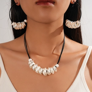Chic multi-layer leather cord necklace and silver geometric ring earrings jewelry set