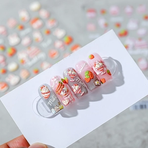 3D embossed strawberry dessert nail stickers featuring cute cream cake and milk motifs