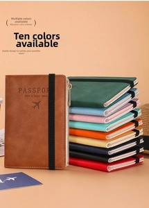 Variety of colorful leather passport holders with RFID blocking and elastic band