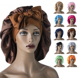 Satin Sleep Bonnet Wide Band Nightcap With Long Ties Hair Care Wrap For Sleeping Solid Color Polyester Headwear