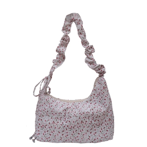 French style white floral hobo shoulder bag with a stylish ruched strap and zipper closure