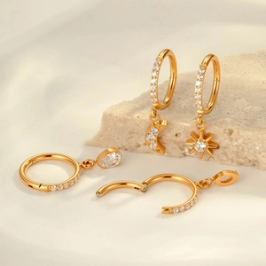 G23 titanium gold hoop earrings set with moon star and teardrop zircon charms