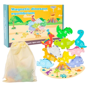 Wooden magnetic dinosaur stacking blocks with numbers and storage bag for kids