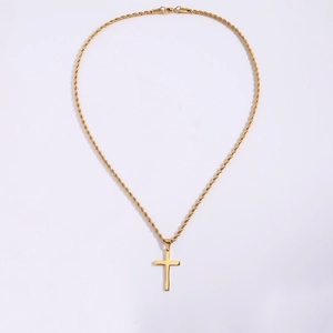 Close-up of gold rope chain necklace with a classic polished cross pendant for men