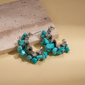 Retro geometric C-shaped hoop earrings with irregular turquoise stones on silver pins