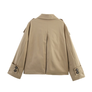 Classic khaki double-breasted short trench coat with stylish back pleat and cuff straps