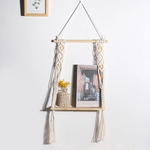 Bohemian woven macrame wall hanging shelf with wood board and decorative beads