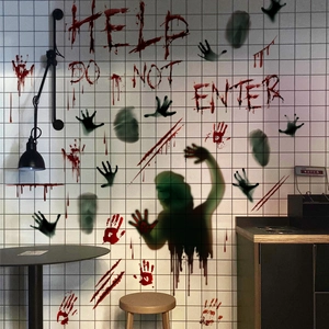 Halloween wall sticker set with ghost silhouette, bloody handprints and HELP text decor