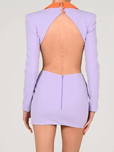 Back view of purple backless mini dress with orange collar and invisible zipper detail