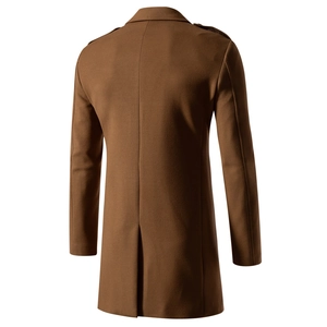 Rear view of brown wool blend coat showing high-quality fabric texture and silhouette