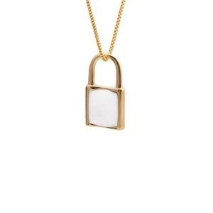 Minimalist gold plated copper padlock pendant necklace with white enamel inlay for women