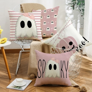 Halloween decorative pink ghost and pumpkin throw pillows with Spooky and Boo text prints