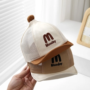 Toddler summer mesh baseball hats with M Monday embroidery in beige and khaki tones