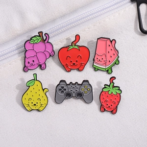 Set of 6 cute metal enamel pins featuring cartoon cats combined with colorful fruits
