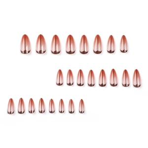 24 faux ongles amande longs avec dégradé marron, French tips et lignes noires décoratives