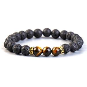 Black lava stone and tiger eye bead aromatherapy bracelet with gold accent spacers