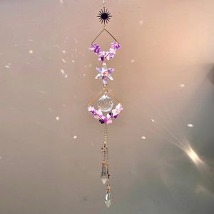 Close-up of golden suncatcher with amethyst chips, crystal spheres and star pendants