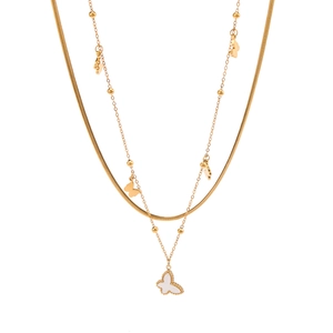 Double-layered gold stainless steel necklace with white shell butterfly pendants and ball chain