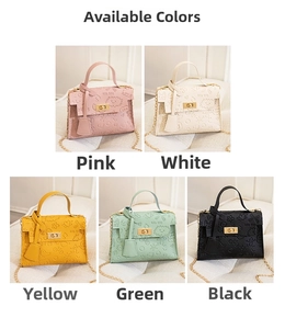 Collage of mini trapezoid crossbody bags in pink, white, yellow, green, and black colors