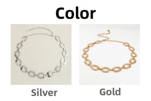 Detail view of oval link chain belts in gold and silver finishes with adjustable toggles