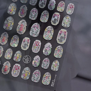 Macro detail of rococo window shell light stickers with iridescent holographic nail art