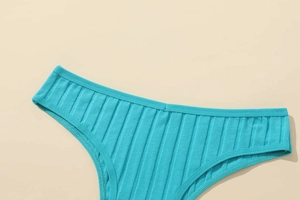 Detail of blue ribbed cotton fabric and waistband texture on women's brazilian panties
