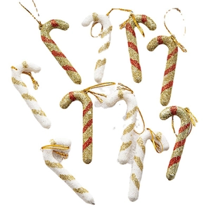 Glittery red and gold striped Christmas candy cane ornaments for holiday tree decoration