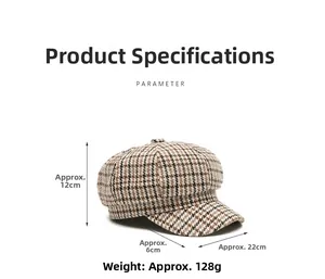 Detailed dimensions of houndstooth newsboy cap with 12cm height and 6cm brim length