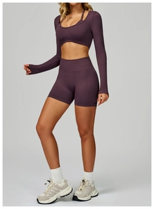 Detail of seamless purple long sleeve yoga top and high waist shorts fitness set
