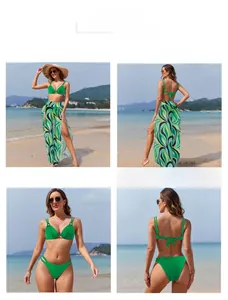 Detailed views of a 3-piece green bikini set with abstract printed mesh cover-up skirt
