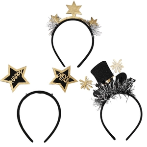 New Year party headband set with gold and black stars, mini top hat and tinsel decor