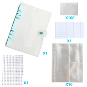 5D Diamond Painting Storage Book with 6-ring binder, 100 bags, and stickers on white background