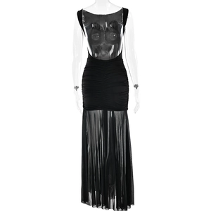 Detail of ruched backless sexy black maxi dress with mesh split and long streamers