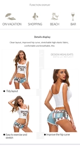 Dettaglio degli shorts in denim elasticizzato con stampa bandiera ed effetto modellante