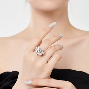 Close-up of silver ring with fan-shaped zircon pavé cluster worn on a finger
