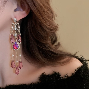 Vintage gold tassel earrings with purple crystals and pearls for a royal french style