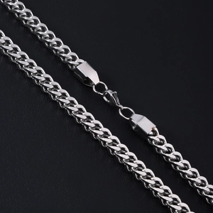 Men's silver polished stainless steel curb chain necklace on a black background