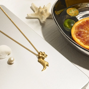 18K gold plated titanium steel boots and star pendant necklace on a silver laptop surface