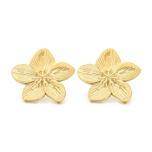 18K gold plated stainless steel floral earrings with textured petal design for women