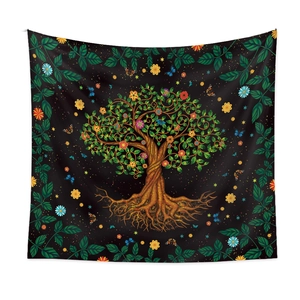 Detail of tree of life tapestry with vibrant flowers and butterflies on black background