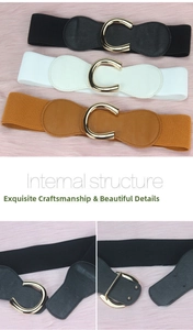 Detail of wide elastic belts showing C-shaped gold metal buckle and internal snap closure