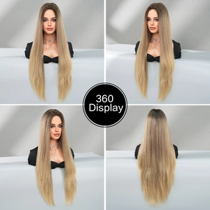 360-degree view of extra long ombre blonde straight wig from front side and back