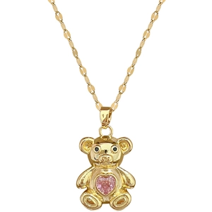 Gold teddy bear necklace with pink heart gemstone pendant and sparkling accents