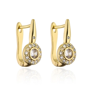 18K gold-plated circular earrings with central zircon stone and halo on white background