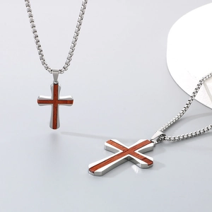 Détails des pendentifs croix en acier inoxydable avec bois et chaînes box argent