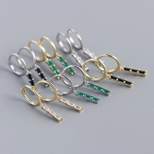 925 Sterling Silver Huggie Hoop Earrings With Rectangular Baguette Cubic Zirconia Pendant Geometric Minimalist For Women