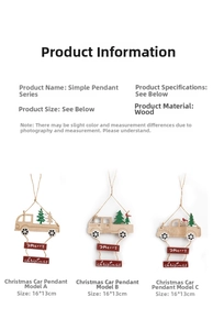 Detailed view of three vintage wooden Christmas car pendants with Merry Christmas signs